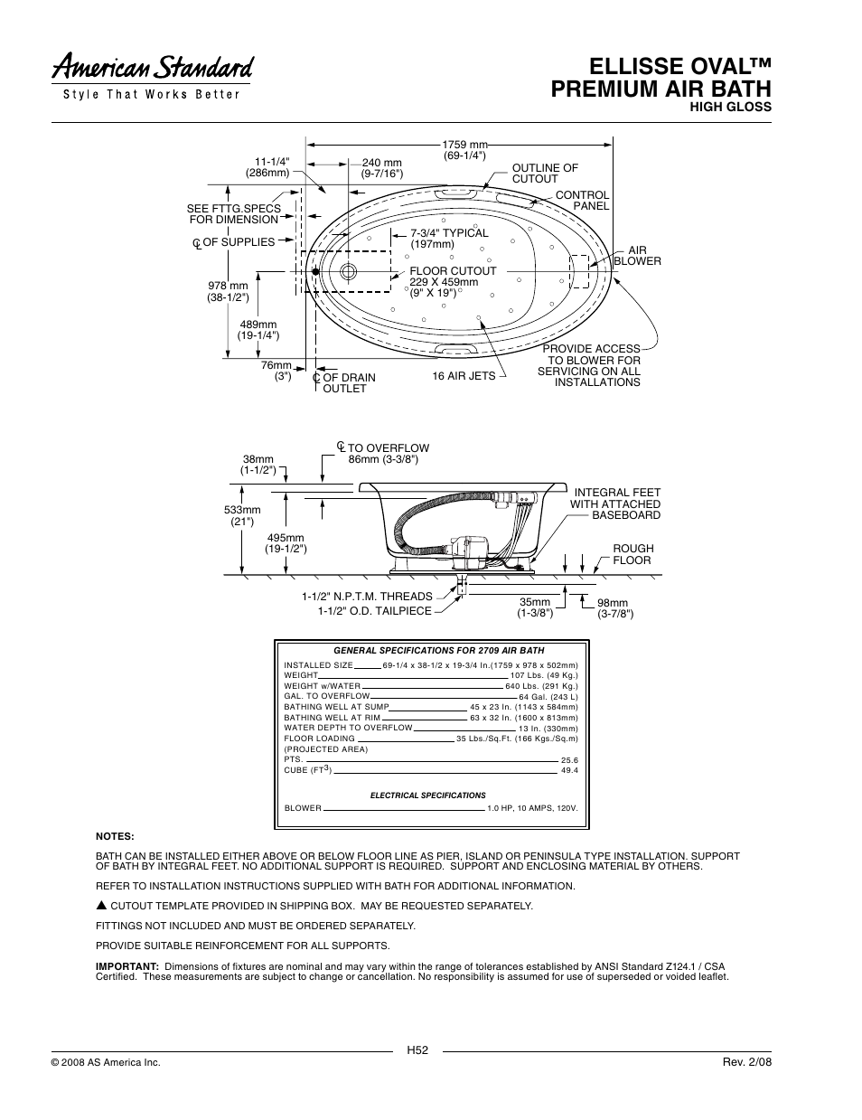 Ellisse oval™ premium air bath | American Standard 2709.328 User Manual | Page 2 / 2