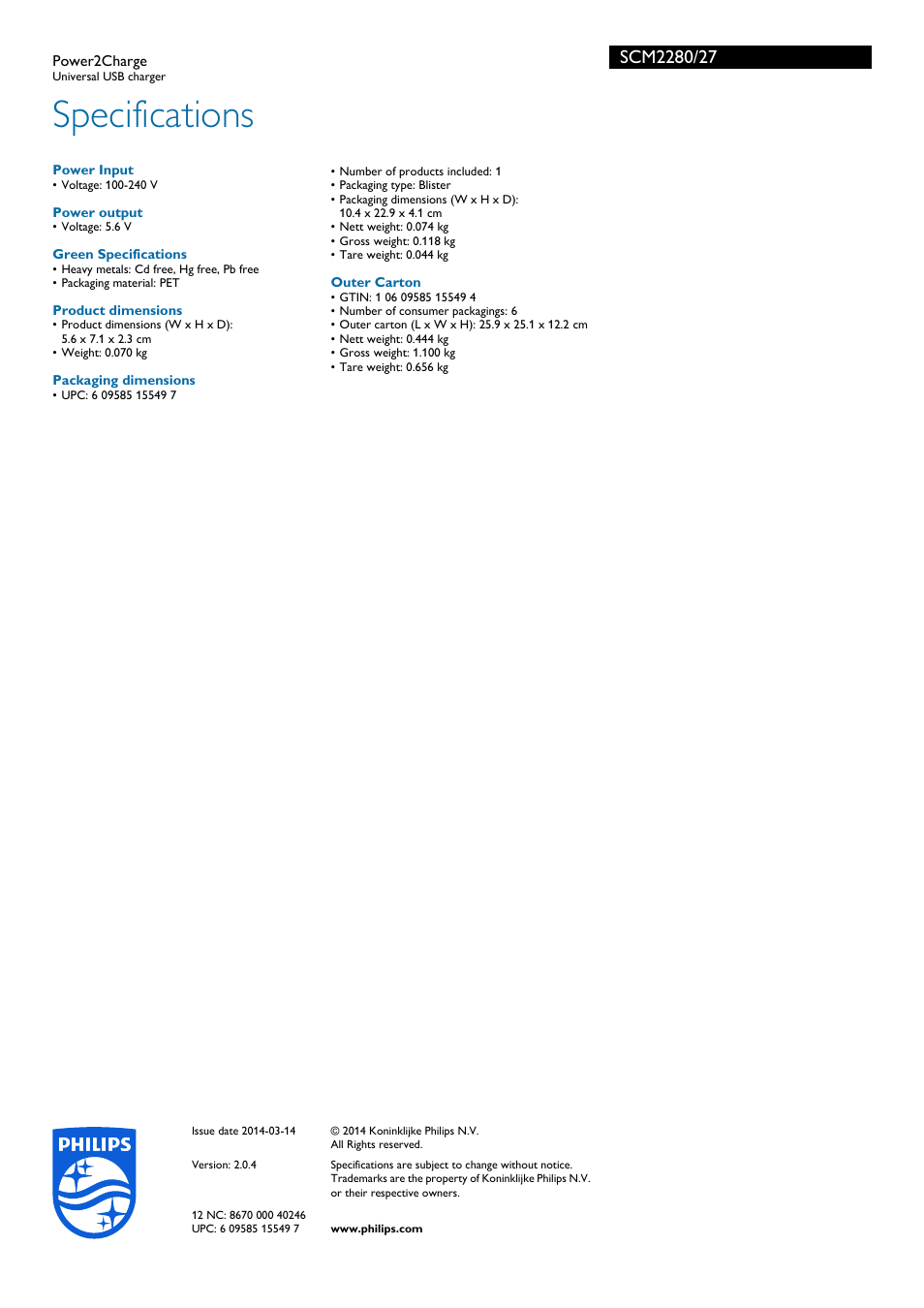 Specifications | Philips SCM2280-27 User Manual | Page 2 / 2