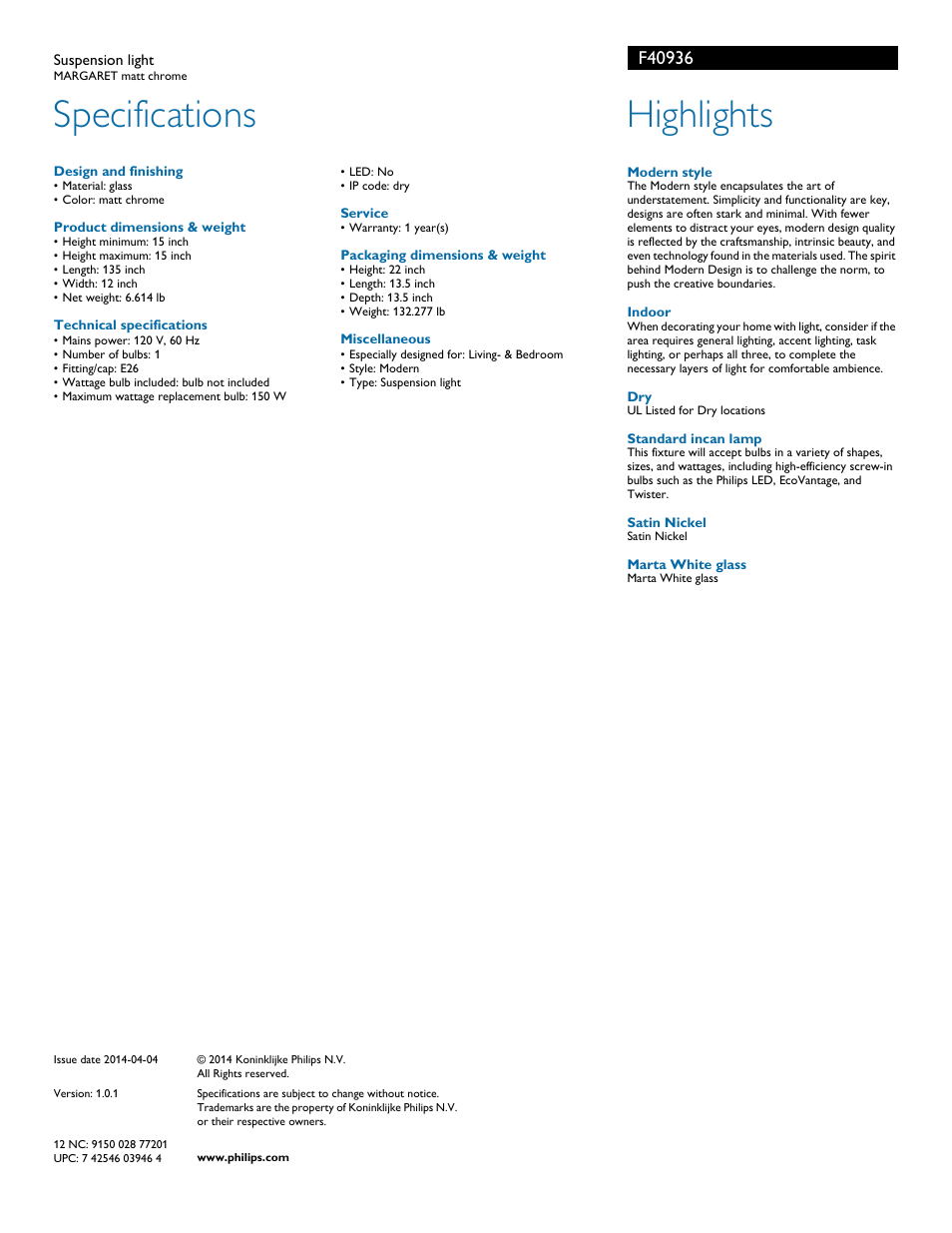 Specifications, Highlights | Philips F40936 User Manual | Page 2 / 2