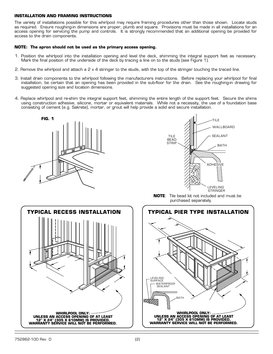 Typical recess installation, Typical pier type installation | American Standard Cadet Elite 6' x 36 2773E Series User Manual | Page 2 / 4