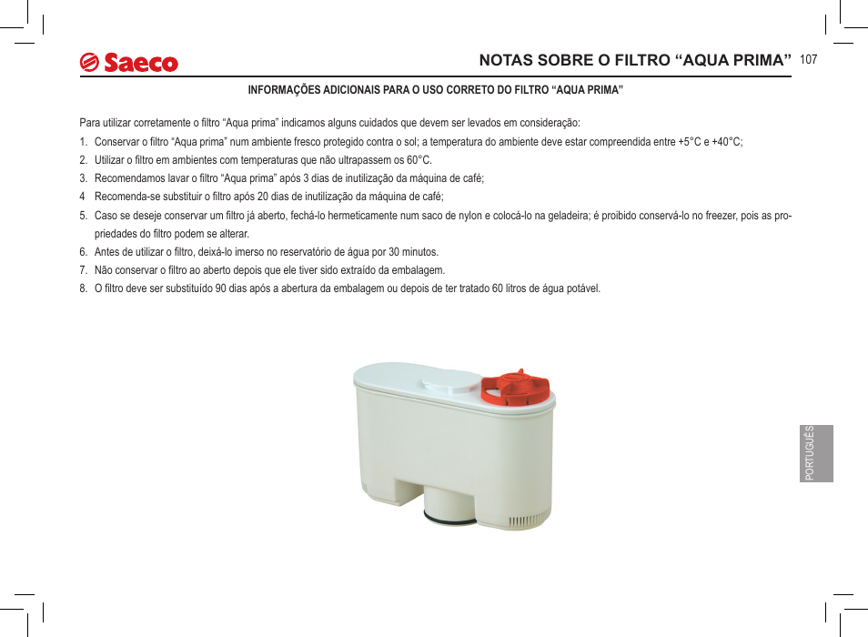 Notas sobre o filtro “aqua prima | Philips 10000071 User Manual | Page 107 / 128