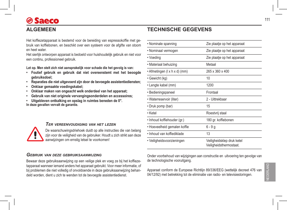 Algemeen, Technische gegevens | Philips 10000071 User Manual | Page 111 / 128