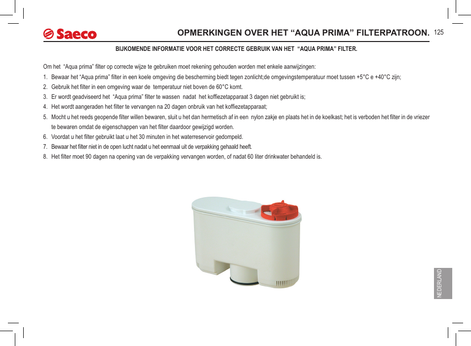 Opmerkingen over het “aqua prima” filterpatroon | Philips 10000071 User Manual | Page 125 / 128