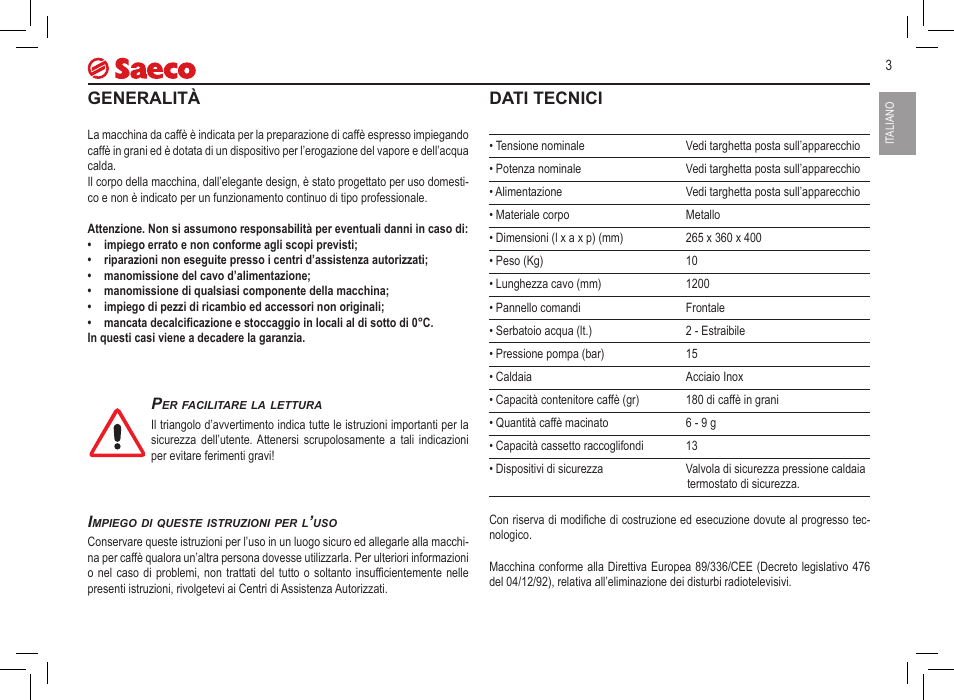 Generalità, Dati tecnici | Philips 10000071 User Manual | Page 3 / 128