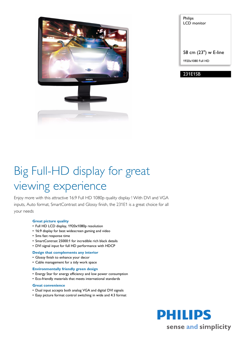 Philips LCD monitor 231E1SB 23"w E-line 1920x1080 Full HD User Manual | 2 pages