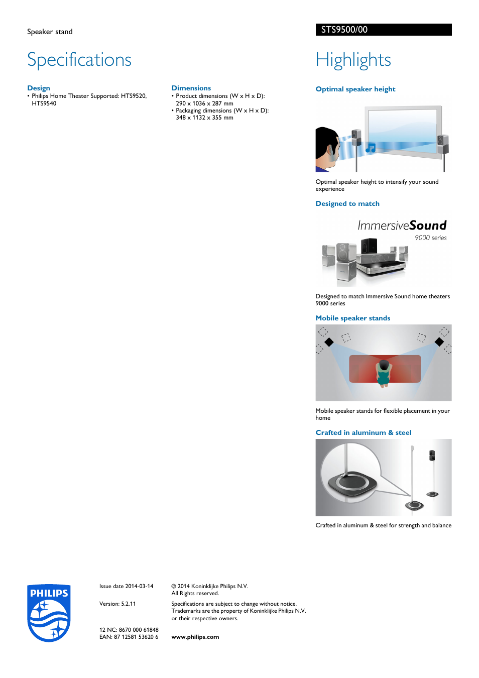 Specifications, Highlights | Philips STS9500-00 User Manual | Page 2 / 2