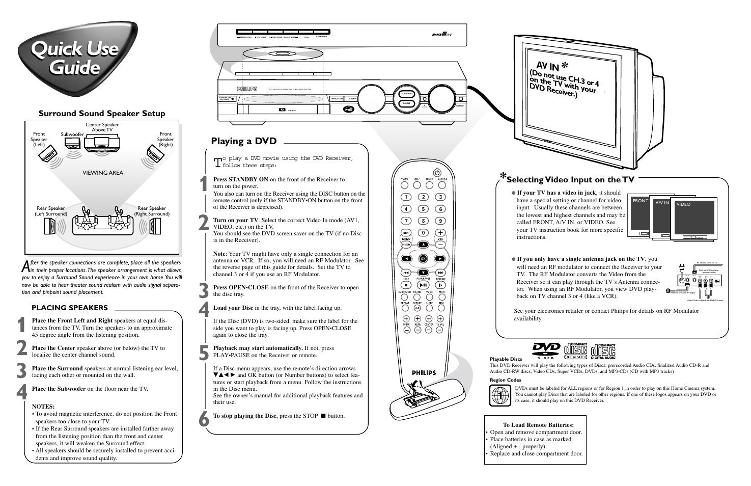 Quick use guide quick use guide, Av in, Playing a dvd | Surround sound speaker setup, Selecting video input on the tv | Philips LX8000SA User Manual | Page 2 / 2