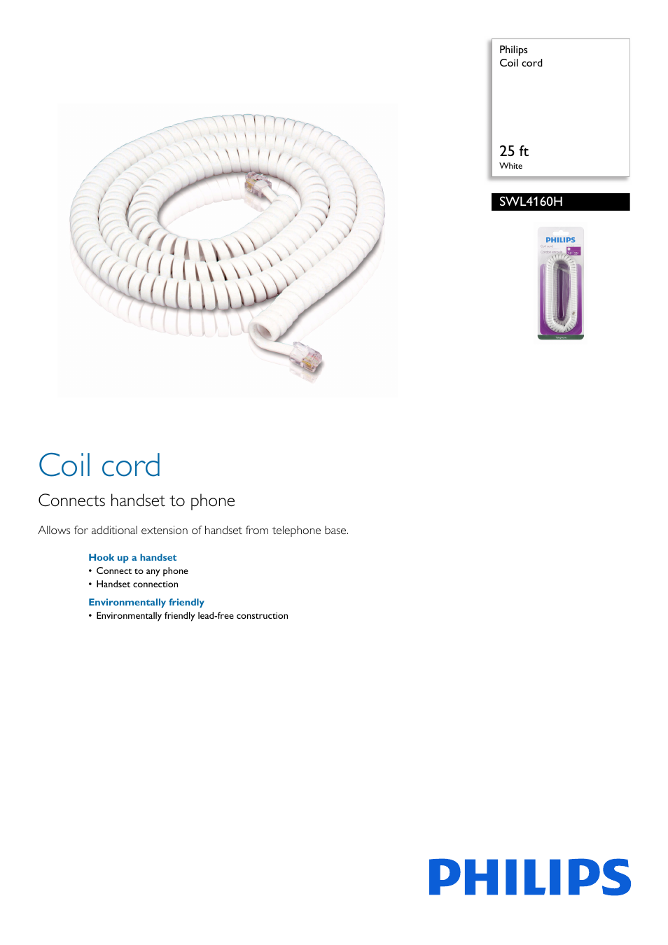 Philips Coil cord SWL4160H 25 ft White User Manual | 2 pages