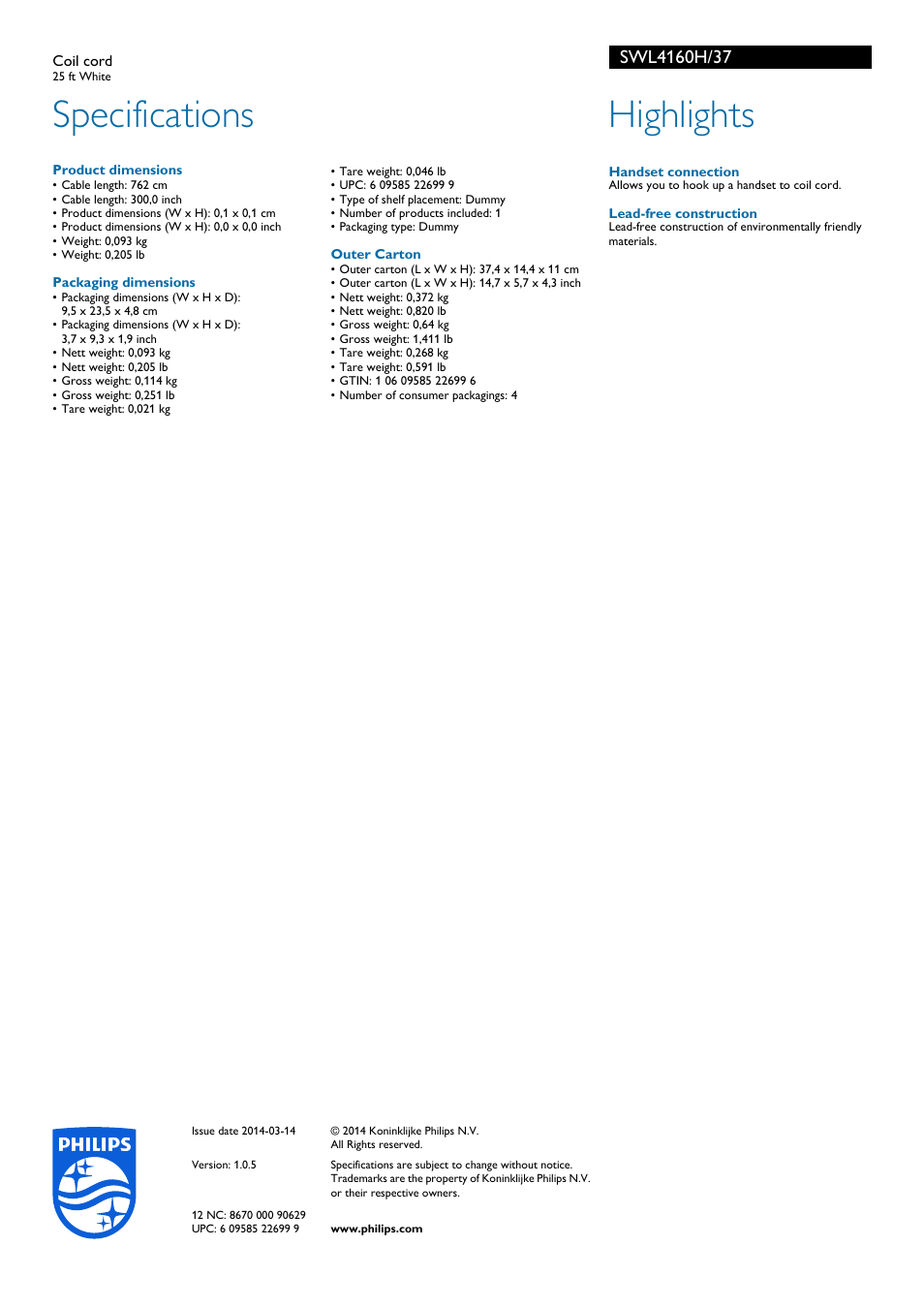 Specifications, Highlights | Philips Coil cord SWL4160H 25 ft White User Manual | Page 2 / 2