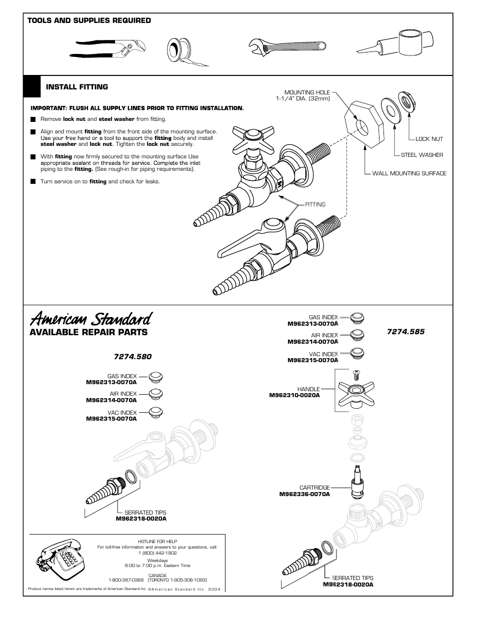 Available repair parts | American Standard 7274.585 User Manual | Page 2 / 2