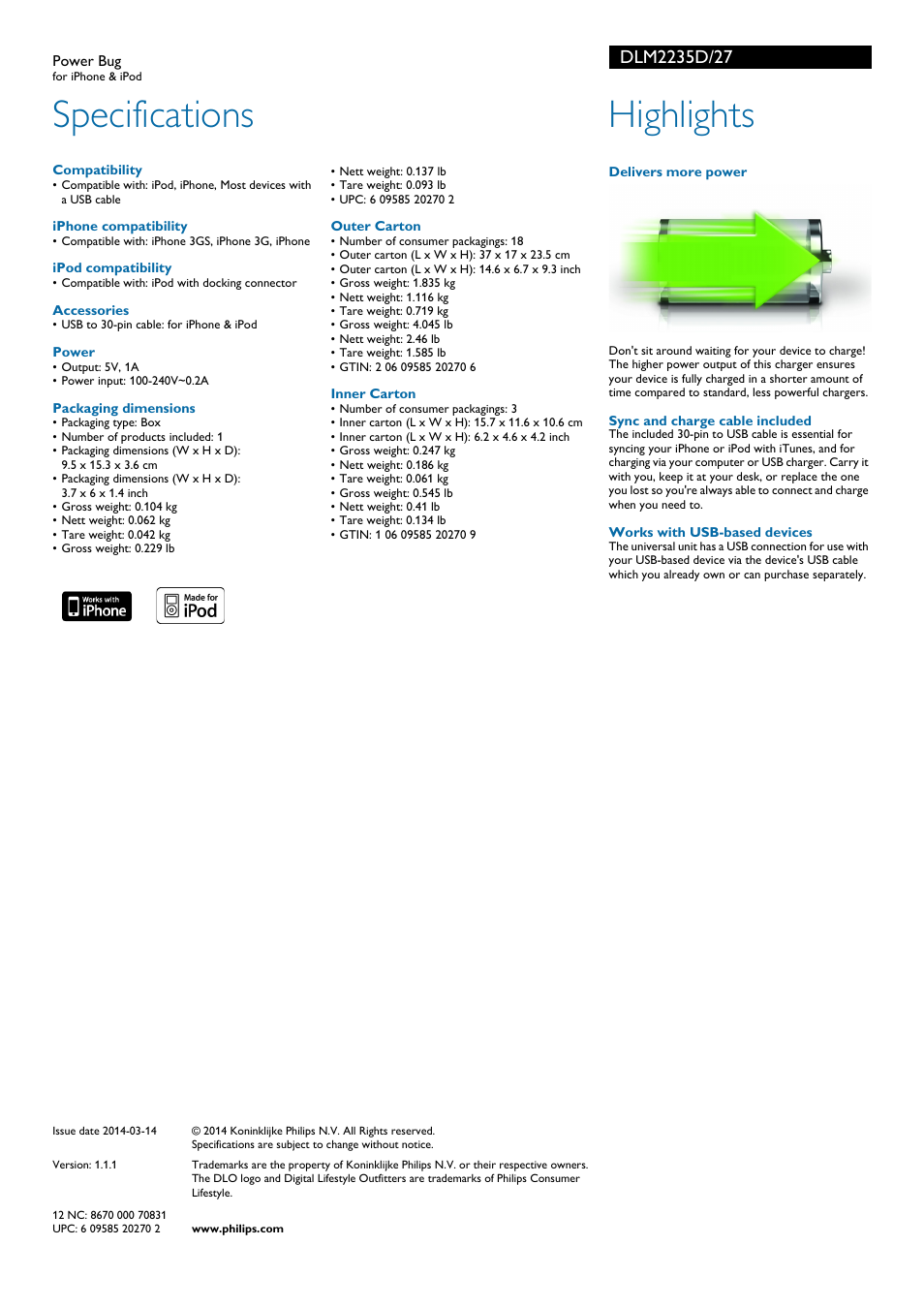 Specifications, Highlights | Philips DLO Power Bug DLM2235D for iPhone & iPod User Manual | Page 2 / 2