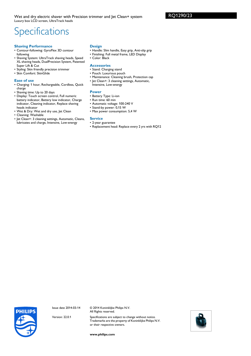 Specifications | Philips RQ1290-23 User Manual | Page 3 / 3