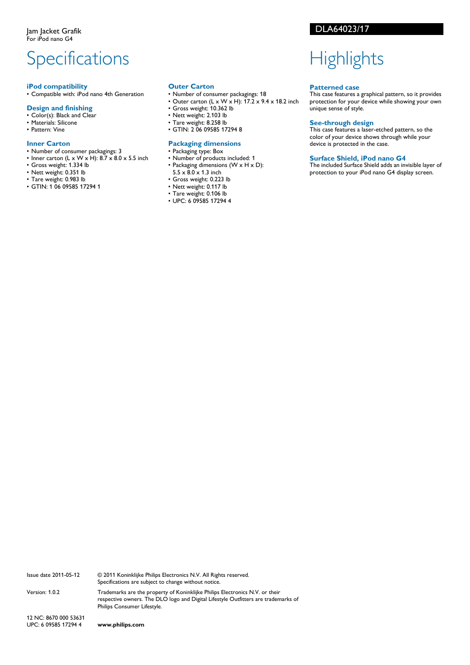 Specifications, Highlights | Philips DLA64023-17 User Manual | Page 2 / 2