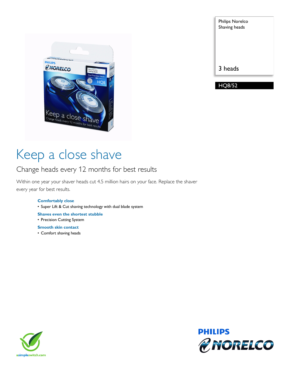 Philips Norelco Shaving heads HQ8-52 3 heads User Manual | 2 pages