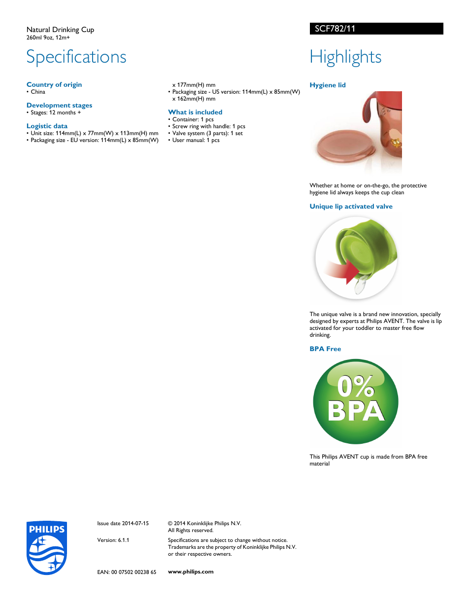 Specifications, Highlights | Philips SCF782-11 User Manual | Page 2 / 2