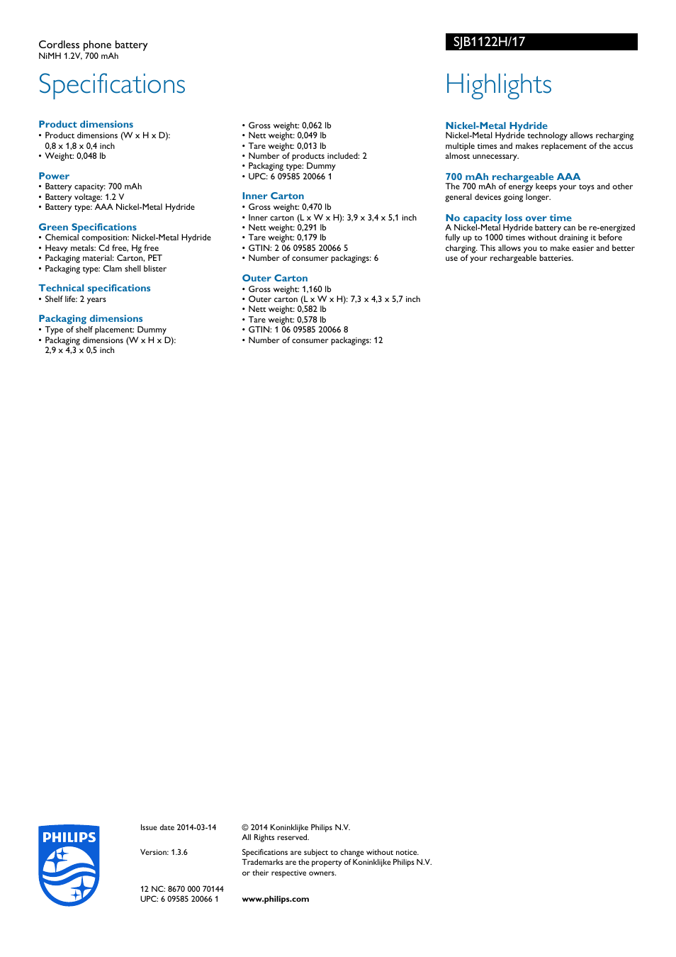 Specifications, Highlights | Philips SJB1122H-17 User Manual | Page 2 / 2