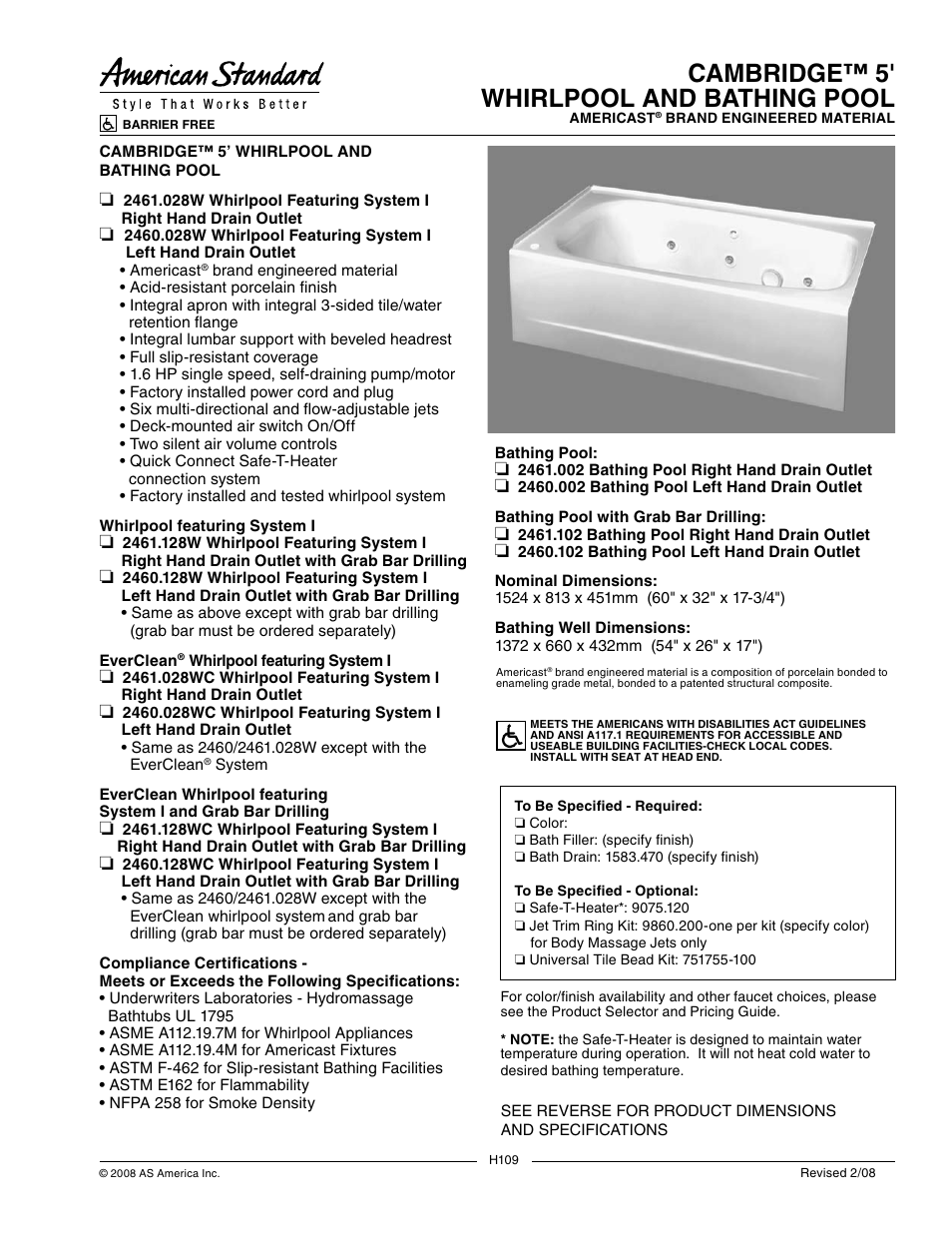 American Standard Cambridge 2461.102 User Manual | 2 pages