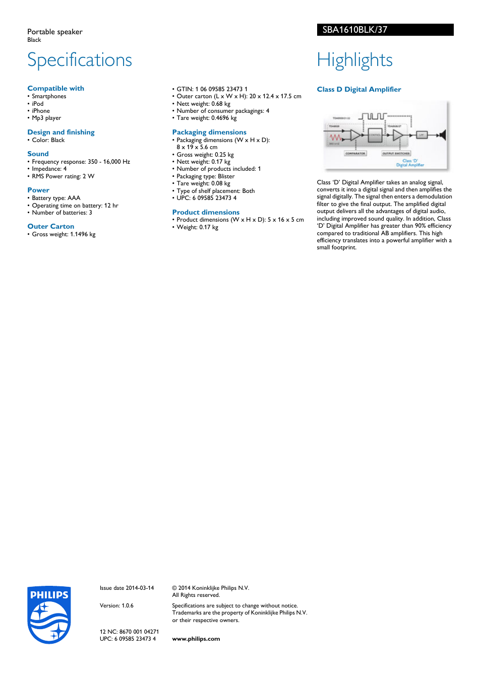 Specifications, Highlights | Philips SBA1610BLK-37 User Manual | Page 2 / 2