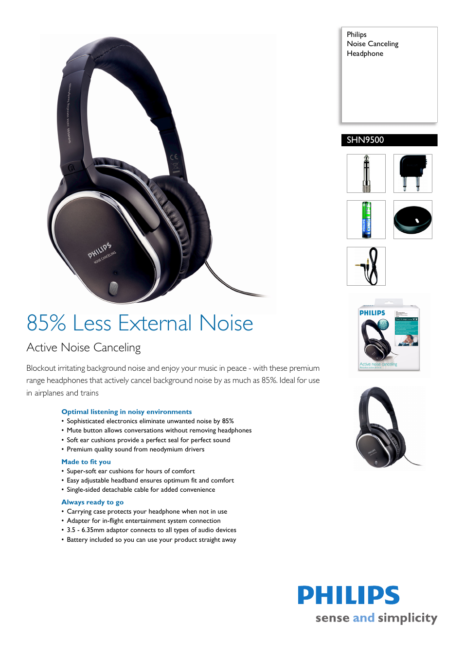 Philips Noise Canceling Headphone SHN9500 User Manual | 2 pages