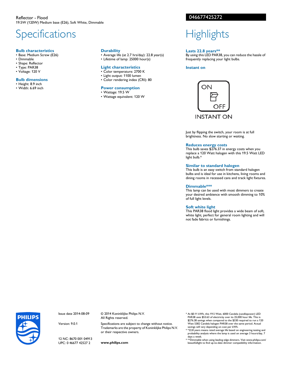 Specifications, Highlights | Philips 046677425272 User Manual | Page 2 / 2