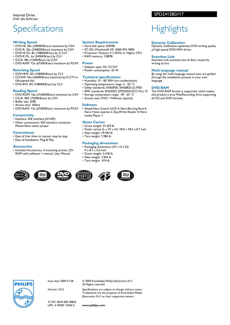 Specifications, Highlights | Philips SPD2413BD-17 User Manual | Page 2 / 2