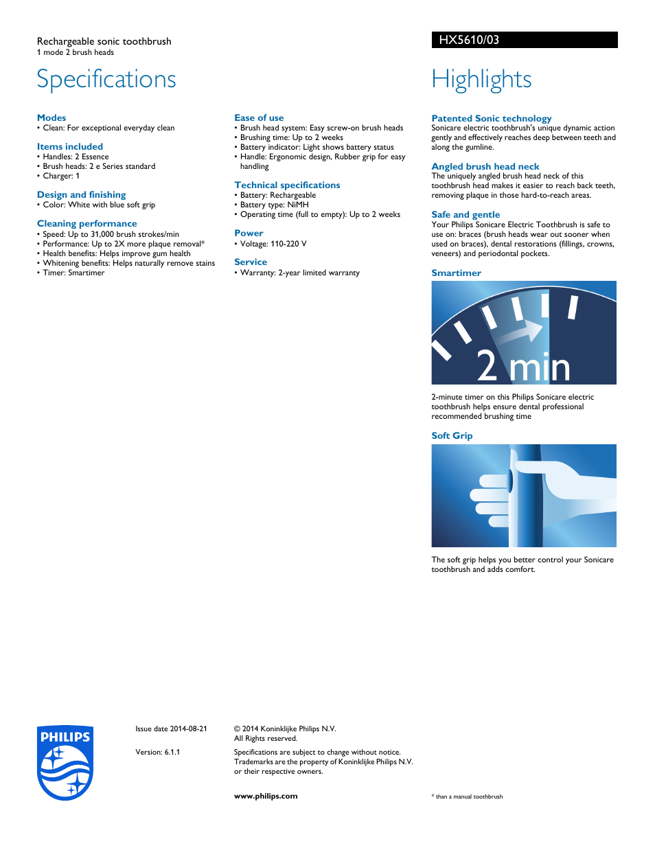 Specifications, Highlights | Philips HX5610-03 User Manual | Page 2 / 2