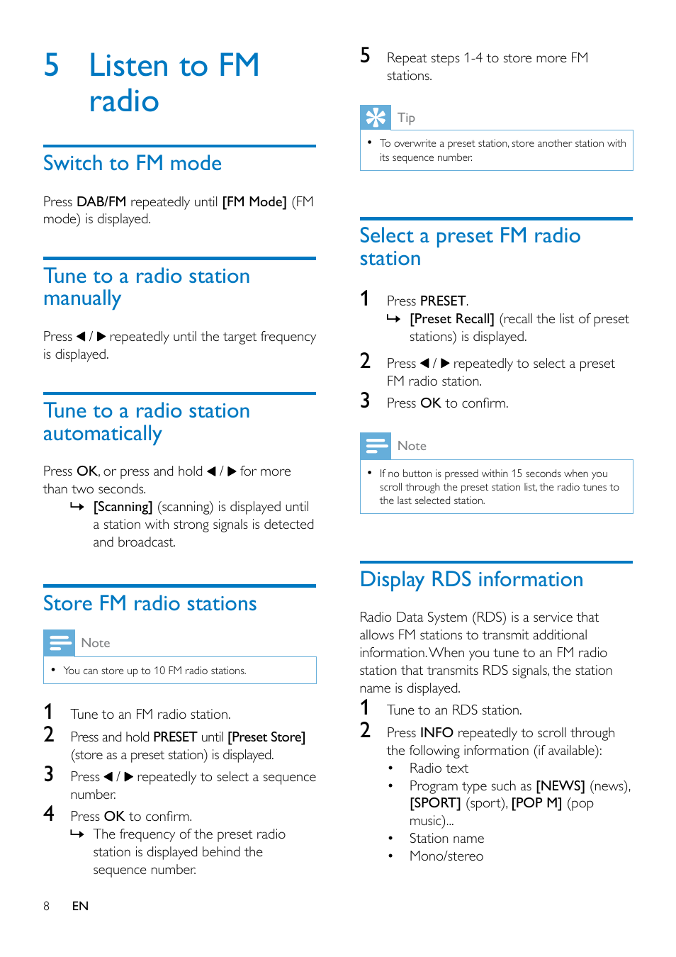 5 listen to fm radio, Switch to fm mode, Tune to a radio station manually | Tune to a radio station automatically, Store fm radio stations, Select a preset fm radio station, Display rds information, Select a preset fm radio station 1 | Philips DA1200-05 User Manual | Page 10 / 17