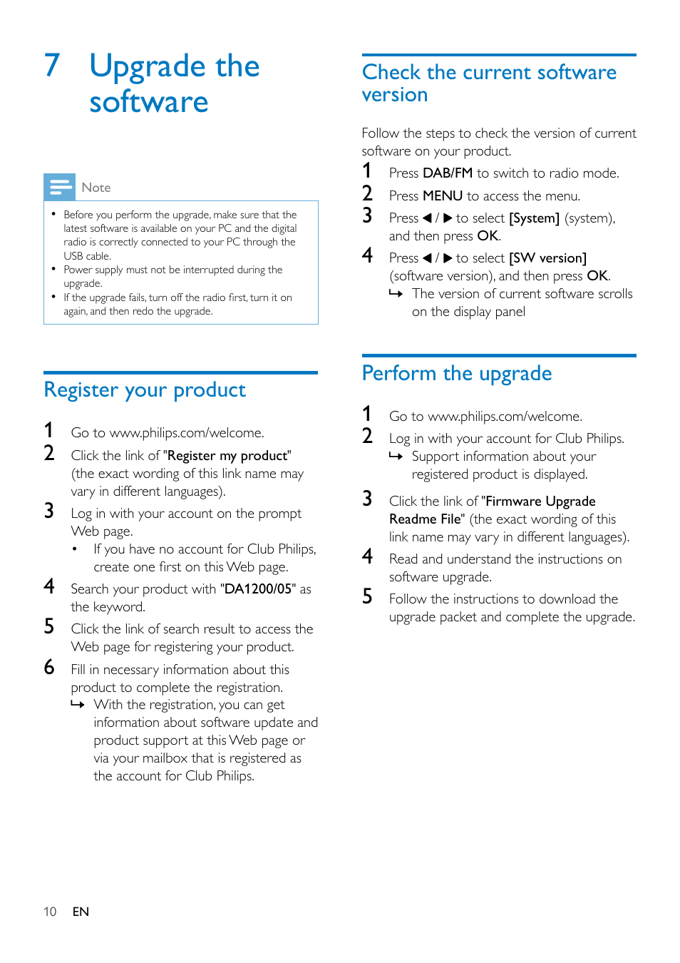 Use fm menu, 7 upgrade the software, Register your product | Check the current software version, Perform the upgrade, Register your product 1, Perform the upgrade 1 | Philips DA1200-05 User Manual | Page 12 / 17