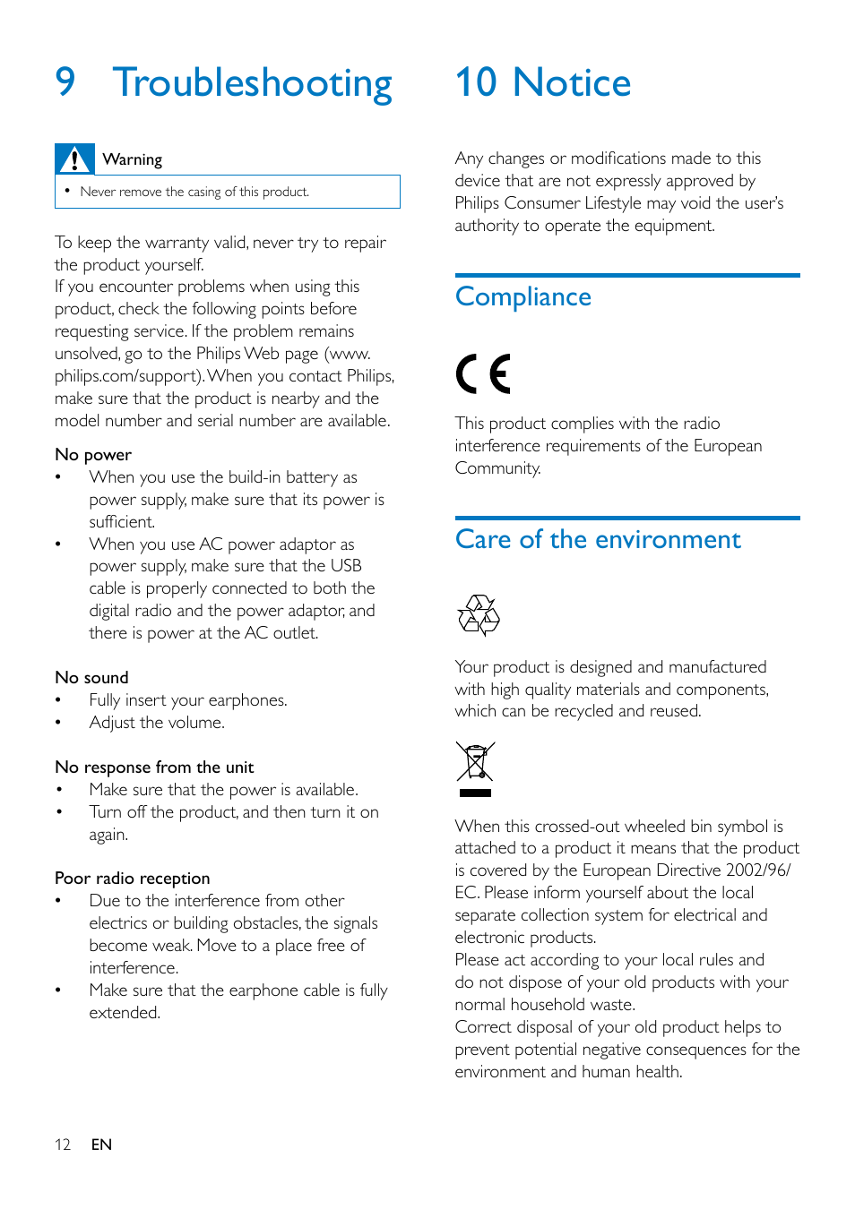 7 upgrade the software, Register your product, Check the current software version | Perform the upgrade, 9 troubleshooting, 10 notice, Compliance 12, Care of the environment, Compliance | Philips DA1200-05 User Manual | Page 14 / 17