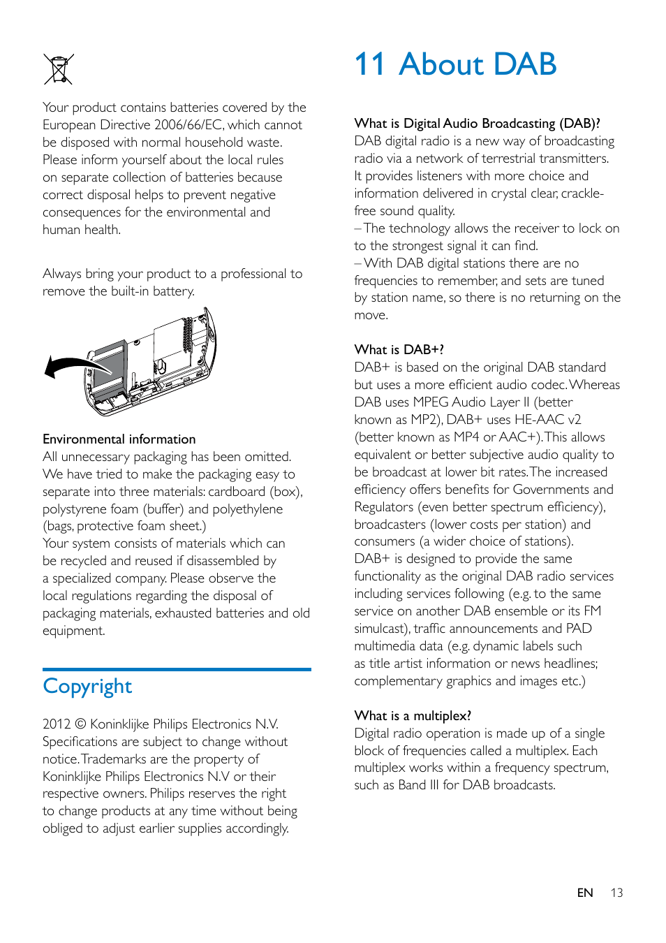 8 product information, Tuner (fm/dab), General information | Rds program types, Copyright 13, 11 about dab, Copyright | Philips DA1200-05 User Manual | Page 15 / 17