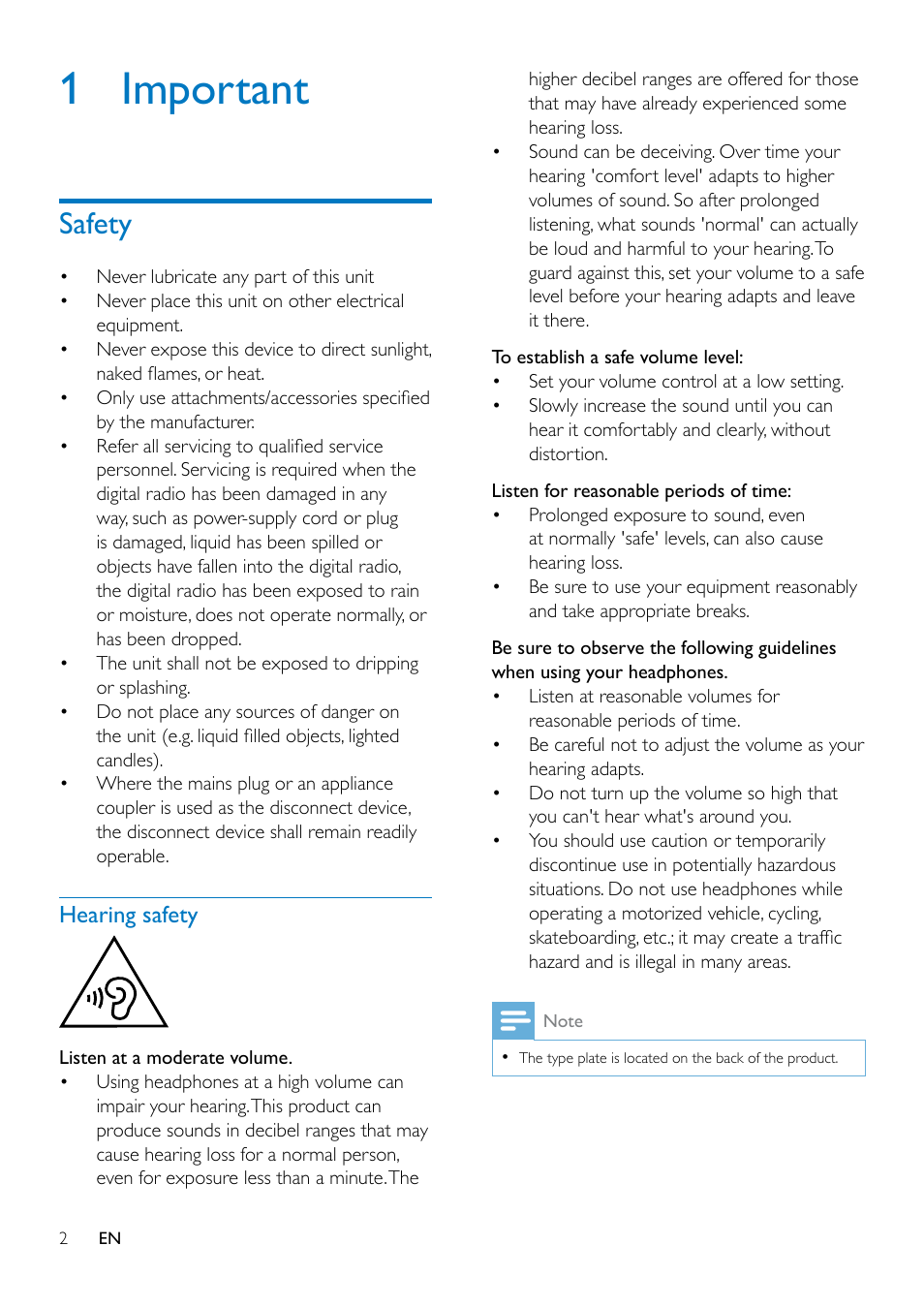 1 important, Safety, Hearing safety | Safety 2 | Philips DA1200-05 User Manual | Page 4 / 17