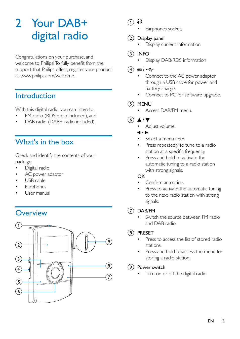 2 your dab+ digital radio, Introduction, What's in the box | Overview, Introduction 3, Overview 3 | Philips DA1200-05 User Manual | Page 5 / 17