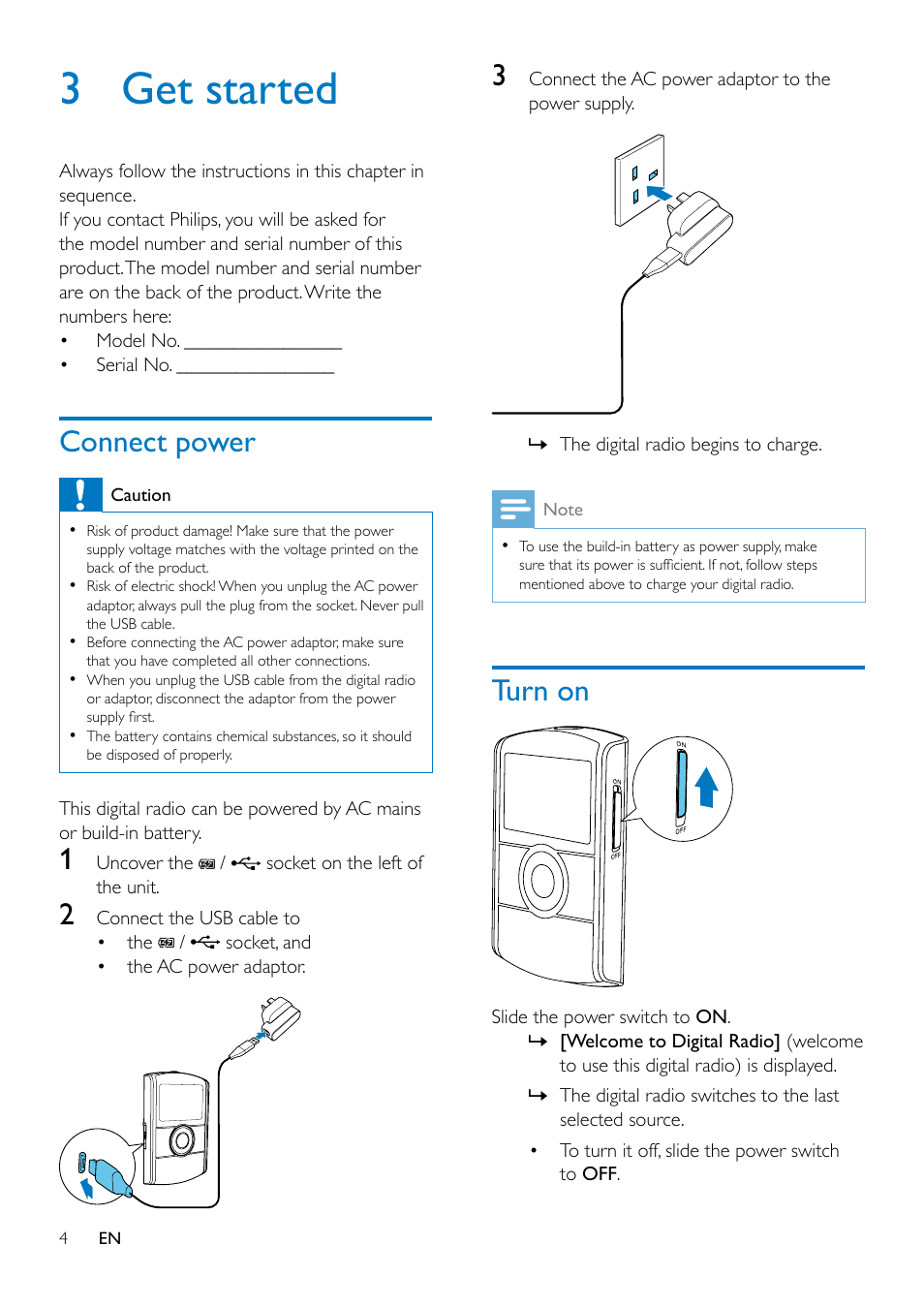 3 get started, Connect power, Turn on | Philips DA1200-05 User Manual | Page 6 / 17