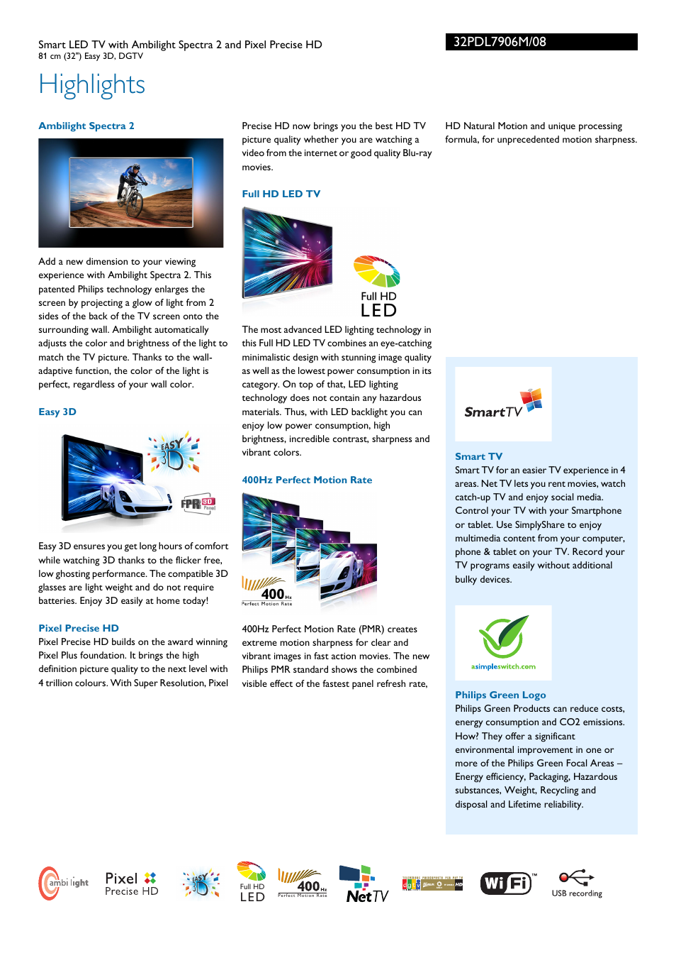 Highlights | Philips 32PDL7906M-08 User Manual | Page 2 / 3