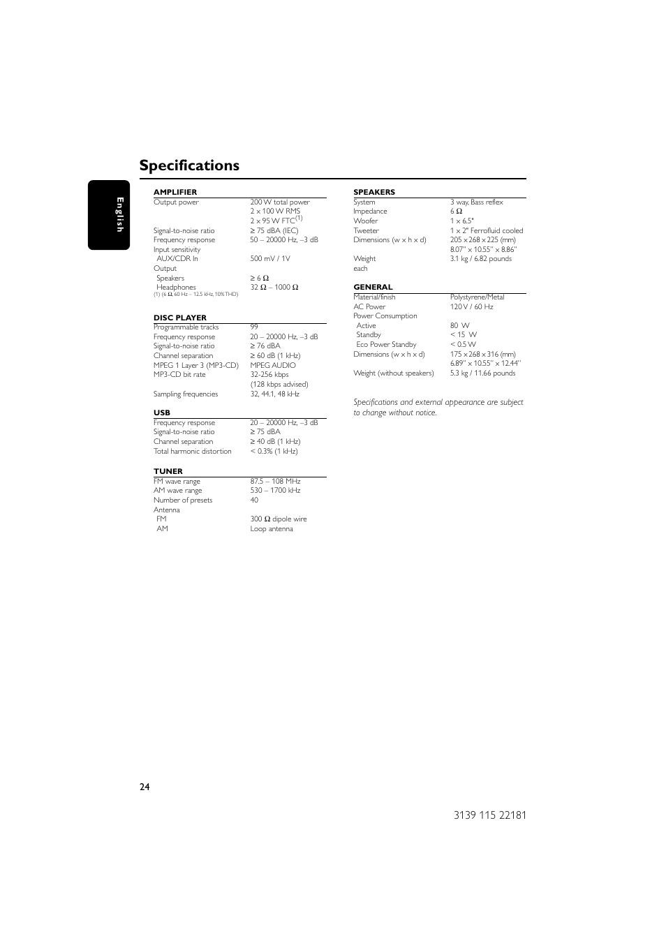 Specifications | Philips MC-M570-37 User Manual | Page 24 / 26