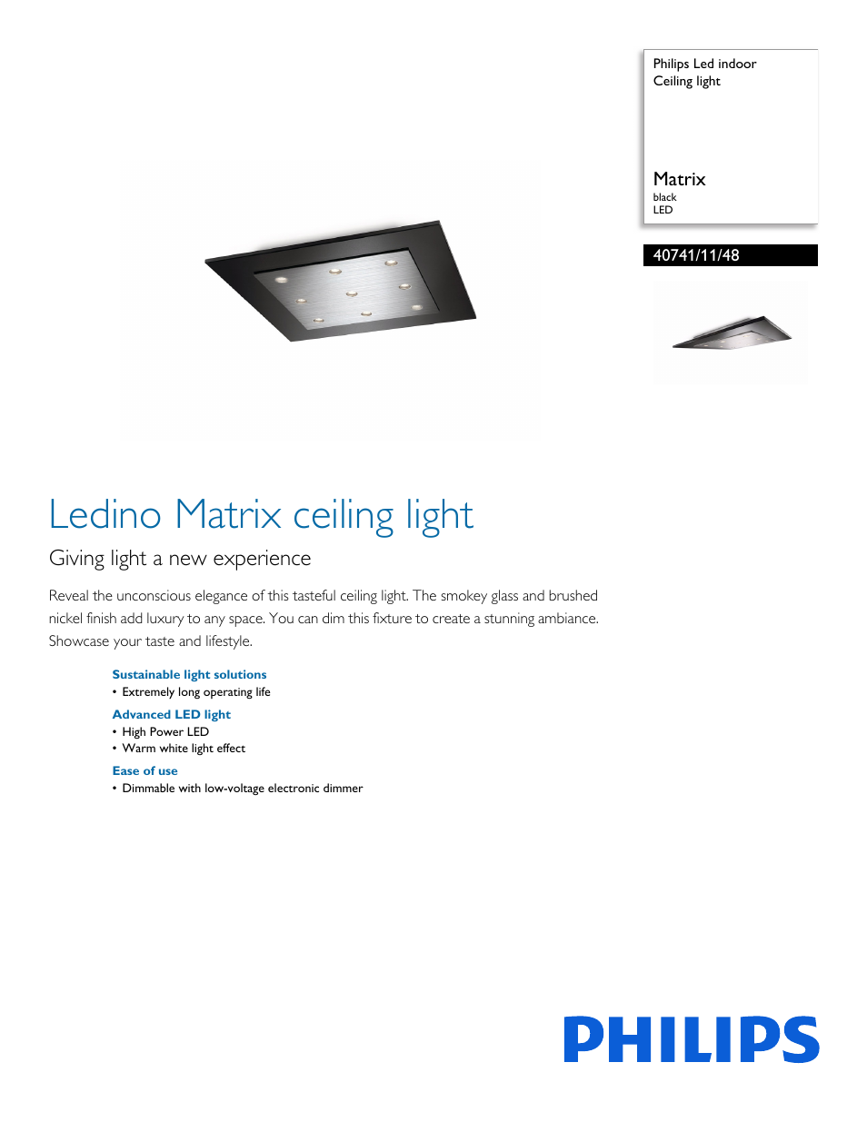 Philips Led indoor Ceiling light 40741-11-48 Matrix black LED User Manual | 2 pages