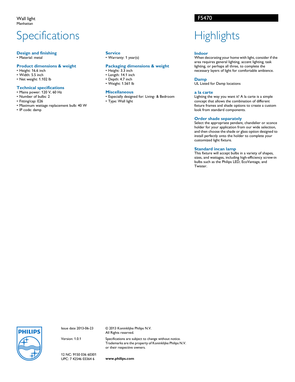 Specifications, Highlights, F5470 | Philips F5470 User Manual | Page 2 / 2