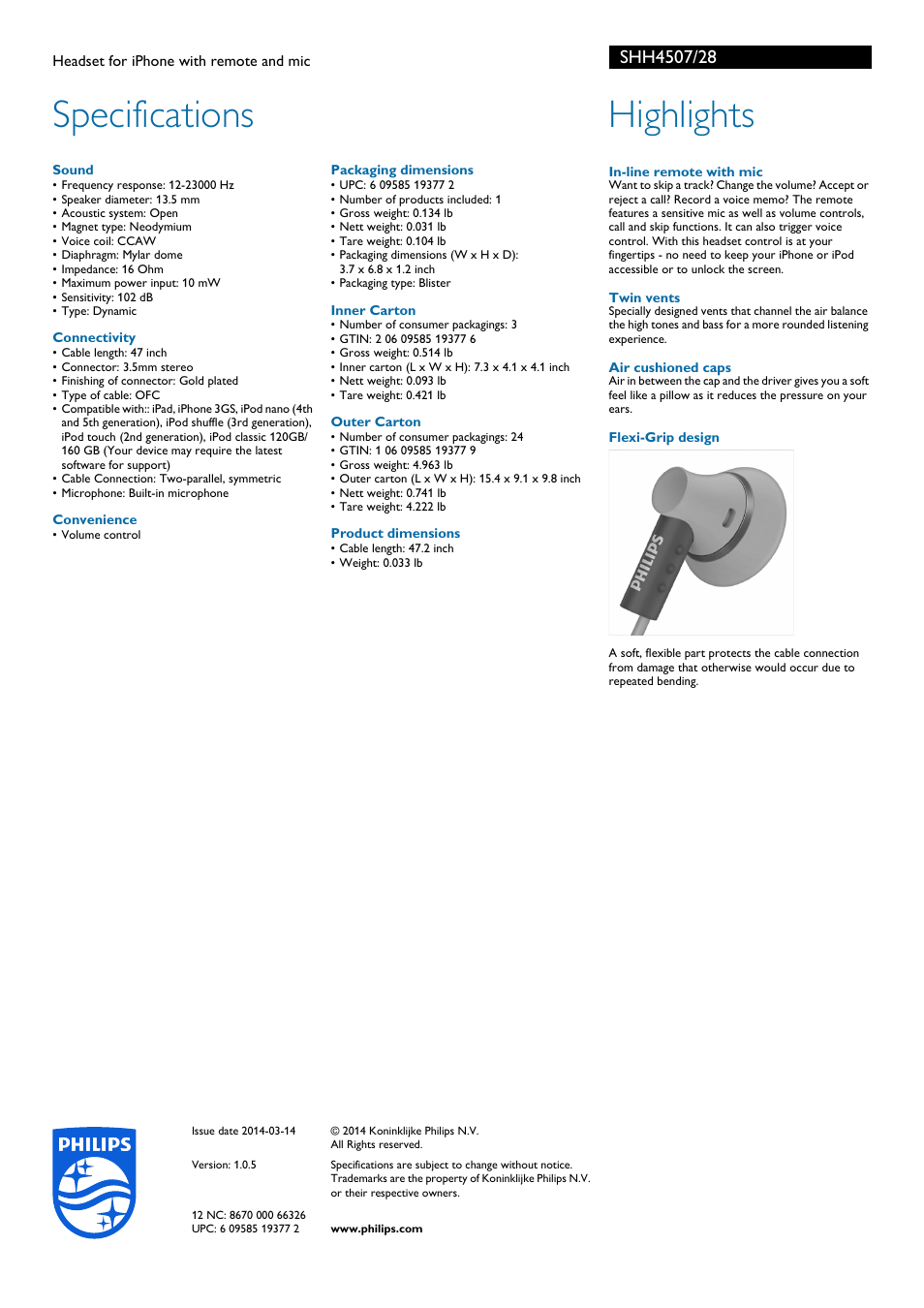 Specifications, Highlights | Philips SHH4507-28 User Manual | Page 2 / 2