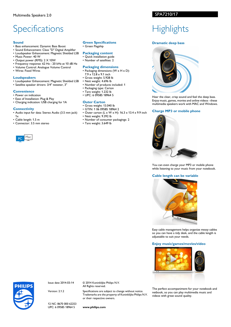 Specifications, Highlights | Philips SPA7210-17 User Manual | Page 2 / 2