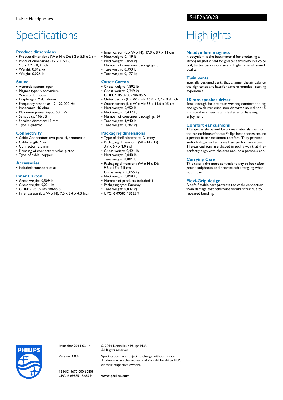 Specifications, Highlights | Philips SHE2650-28 User Manual | Page 2 / 2