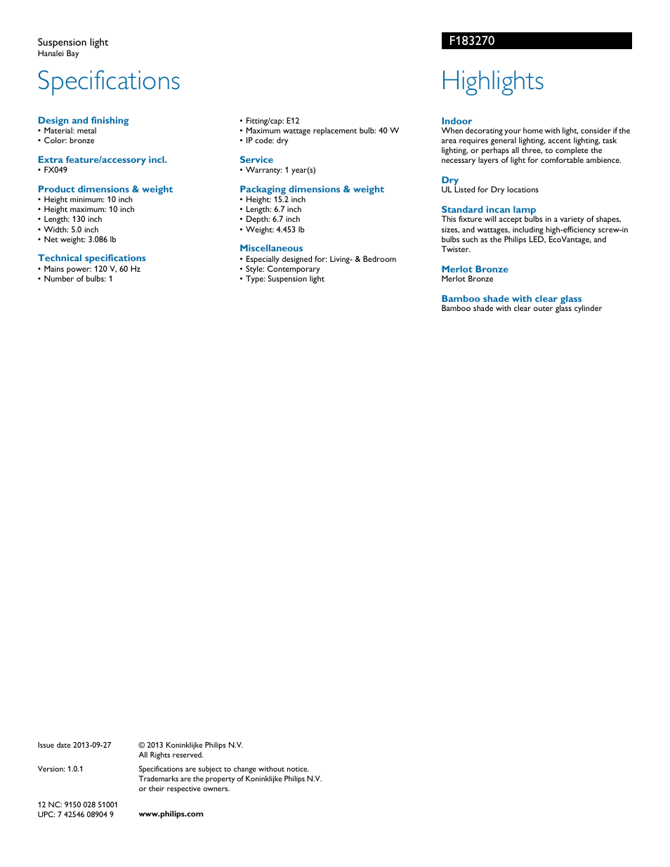 Specifications, Highlights | Philips F183270 User Manual | Page 2 / 2