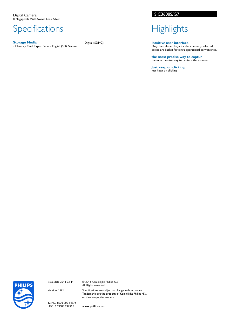 Specifications, Highlights | Philips SIC3608S-G7 User Manual | Page 2 / 2