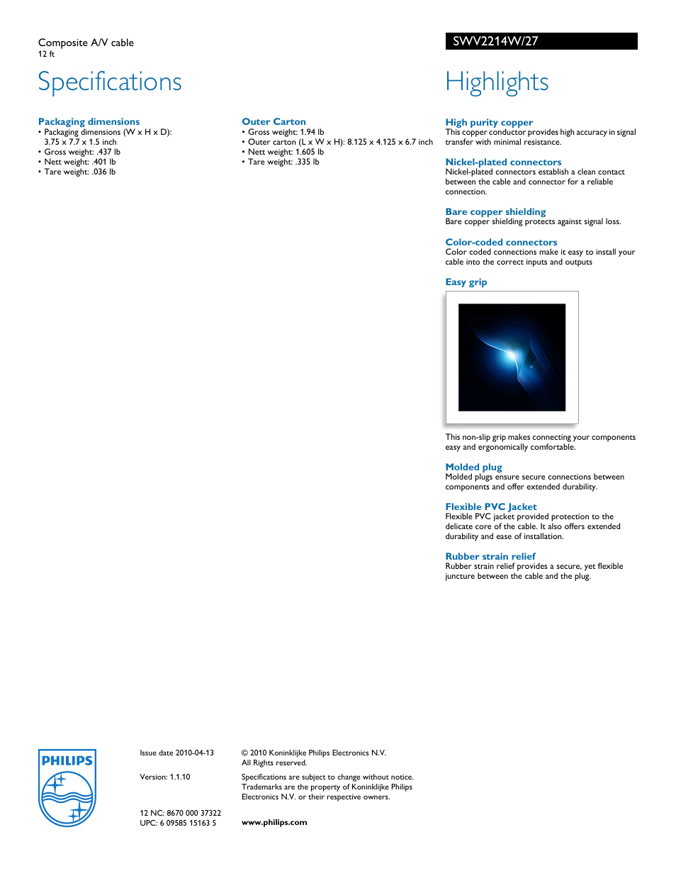 Specifications, Highlights | Philips SWV2214W-27 User Manual | Page 2 / 2