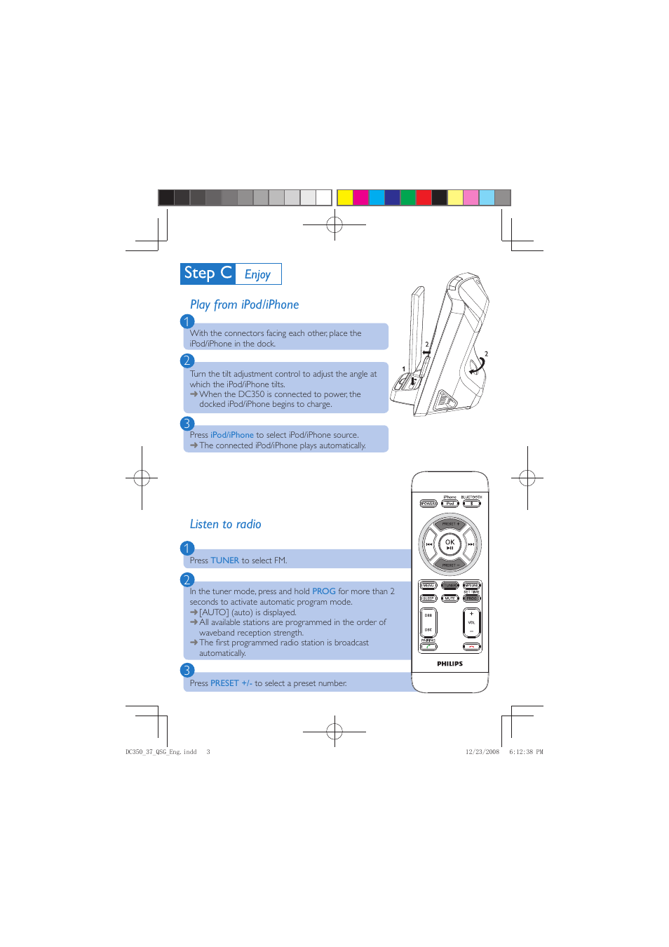 31 2 play from ipod/iphone, 1listen to radio | Philips DC350-37B User Manual | Page 3 / 5