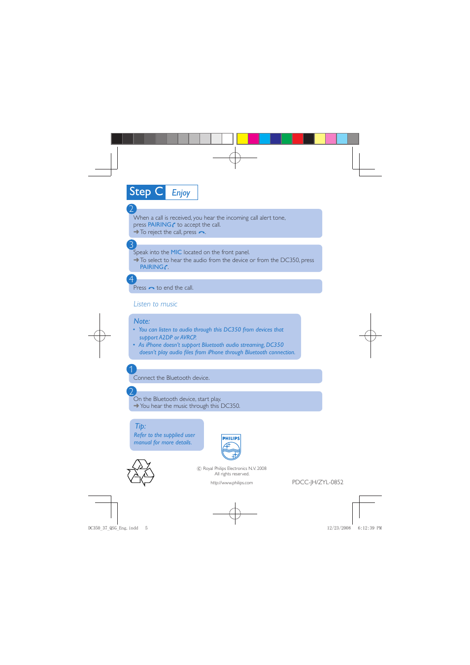 Listen to music | Philips DC350-37B User Manual | Page 5 / 5