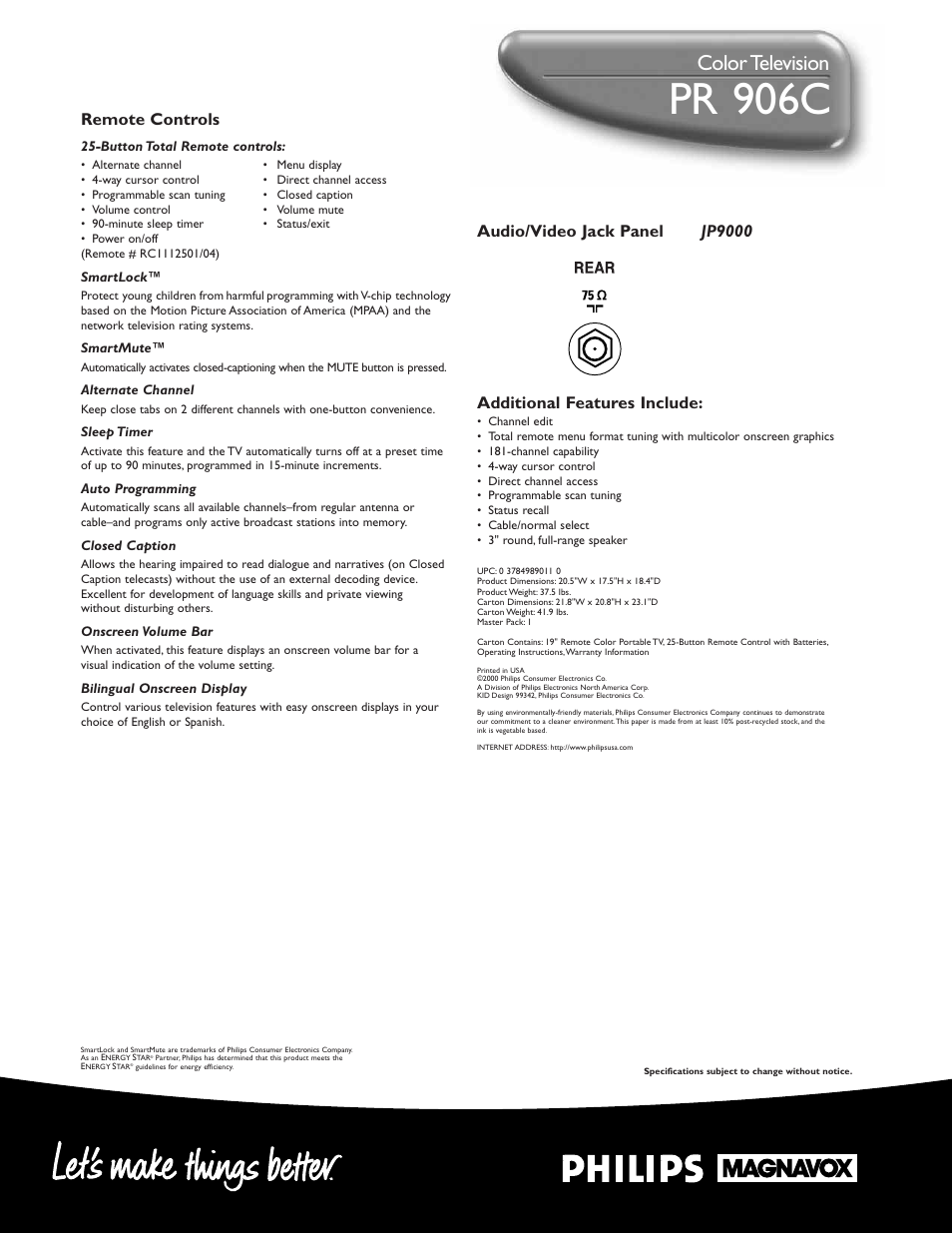 Pr 1 906c, Color television, Remote controls | Philips PR1906C User Manual | Page 2 / 2