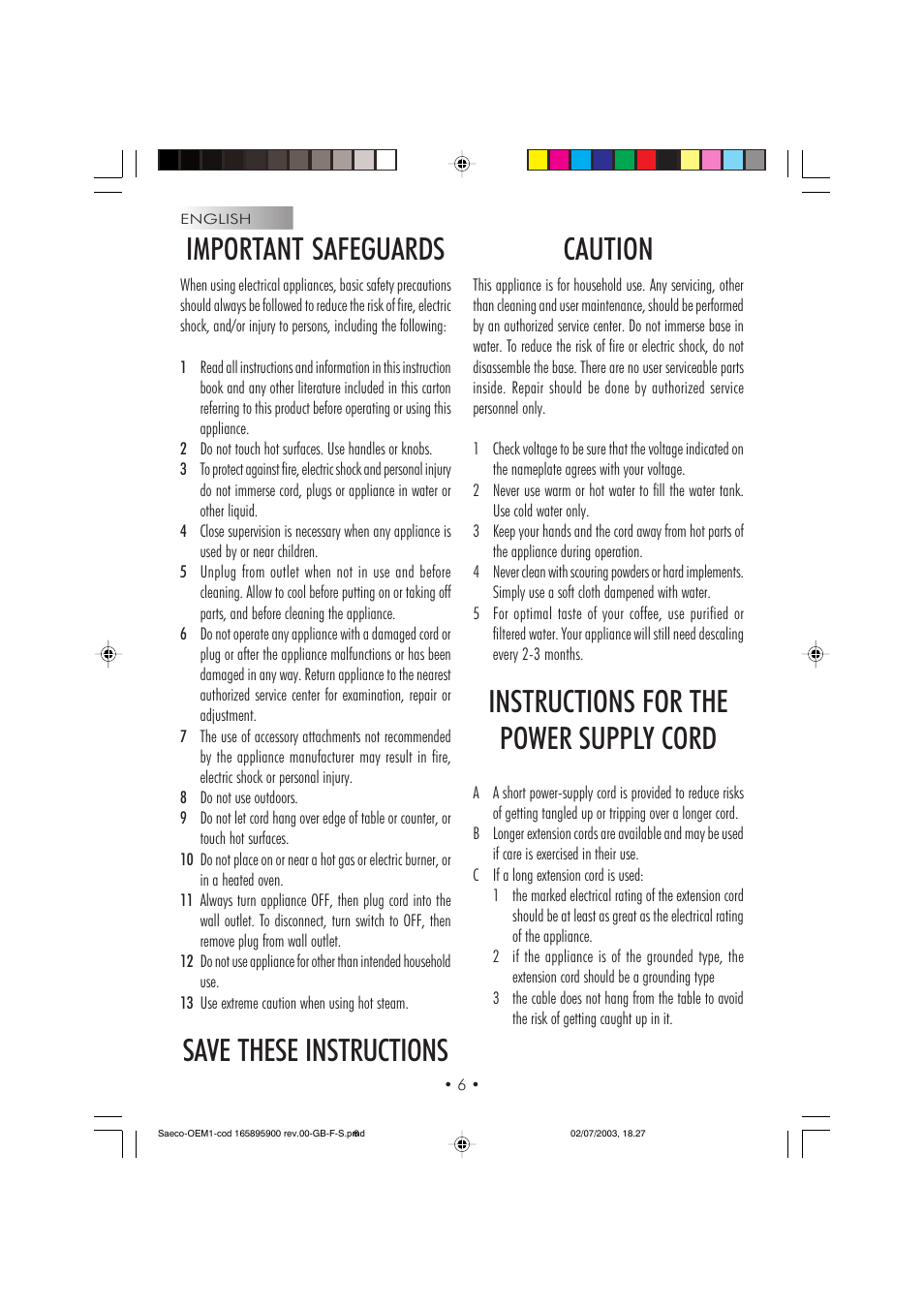 Important safeguards, Save these instructions caution, Instructions for the power supply cord | Philips 740613011 User Manual | Page 6 / 52