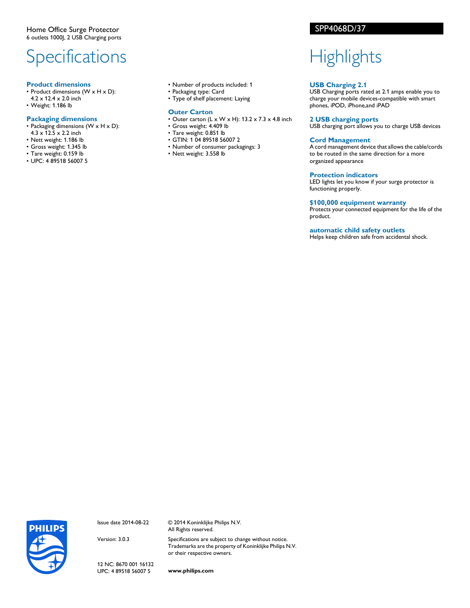 Specifications, Highlights | Philips SPP4068D-37 User Manual | Page 2 / 2