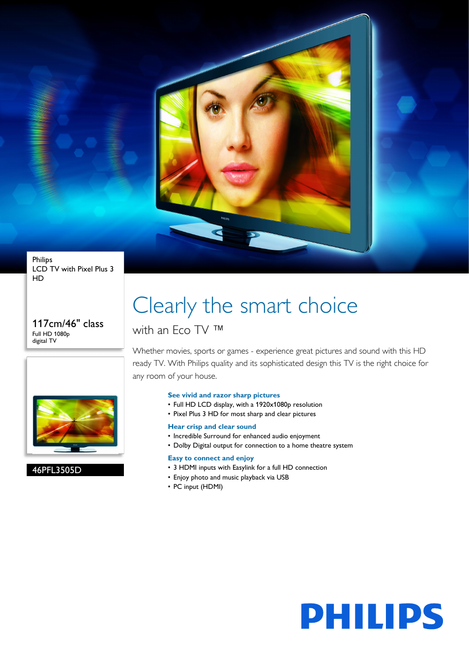 Philips 46PFL3505D-F7 User Manual | 3 pages