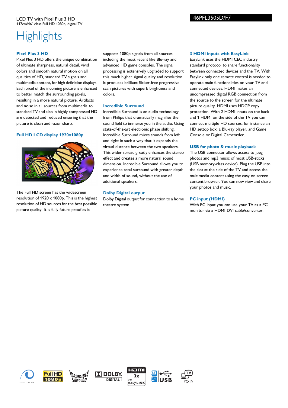 Highlights | Philips 46PFL3505D-F7 User Manual | Page 2 / 3